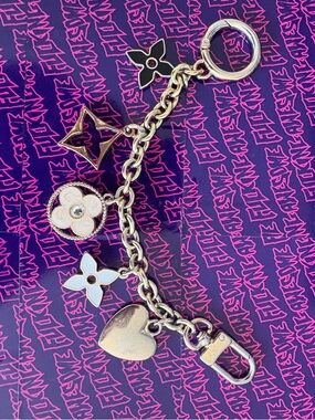 Louis Vuitton Gold Tone Charm Keychain with White and Black Accents